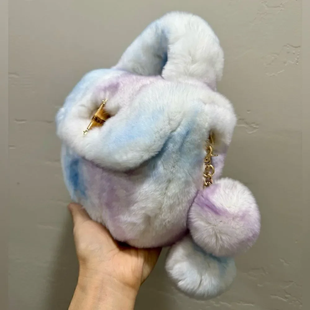 Stunning Real Rex Rabbit Fur Handmade Top Handle Bag &  Fur Balls Bag Charm